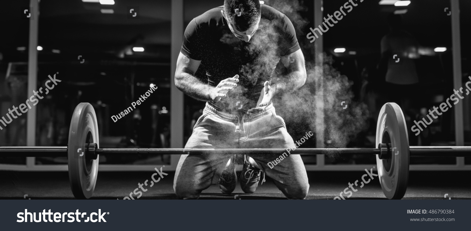 Muscular Weightlifter Clapping Hands Preparing Workout Stock Photo 