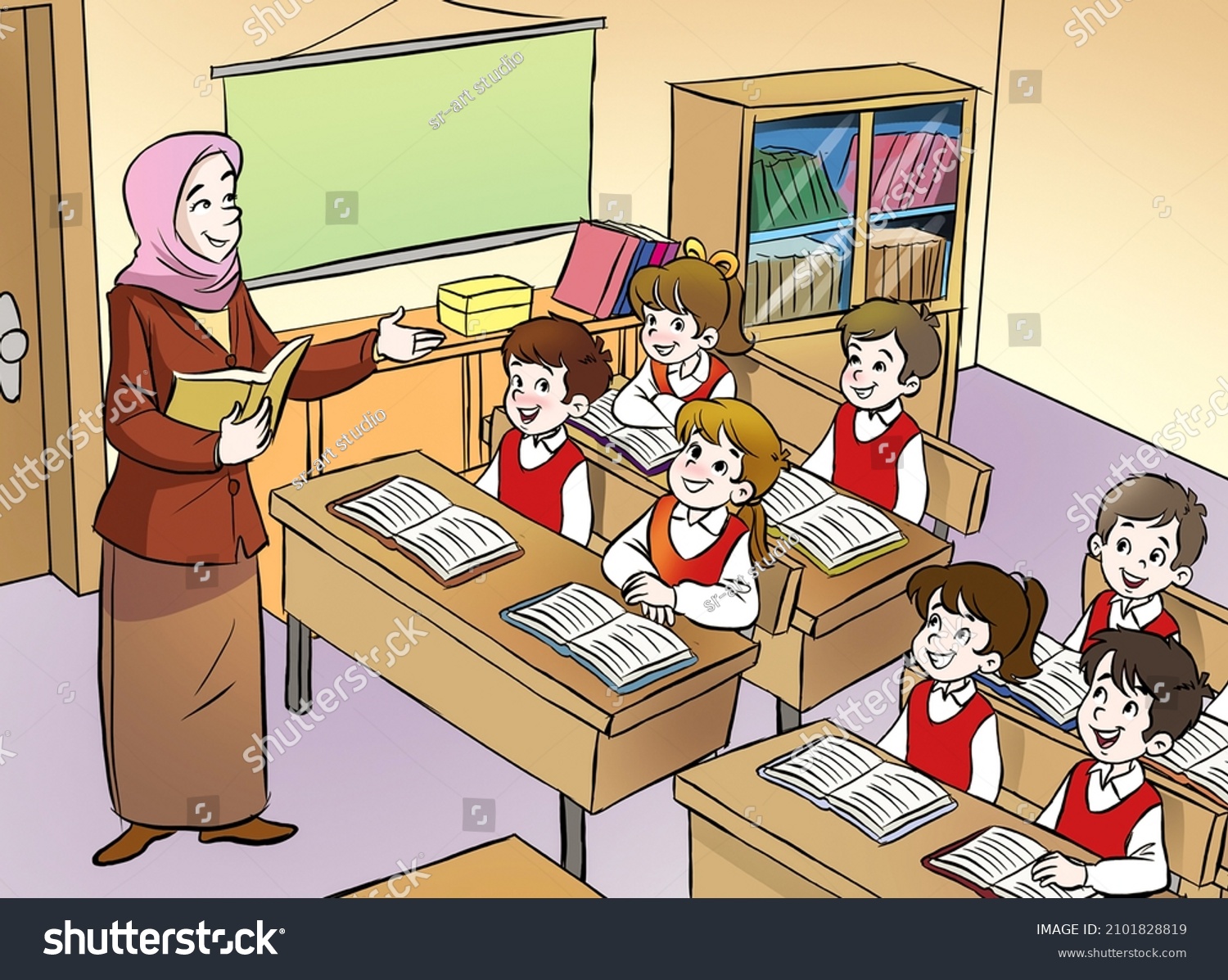 Muslim Teacher Students Teaching Classroom Stock Illustration 2101828819