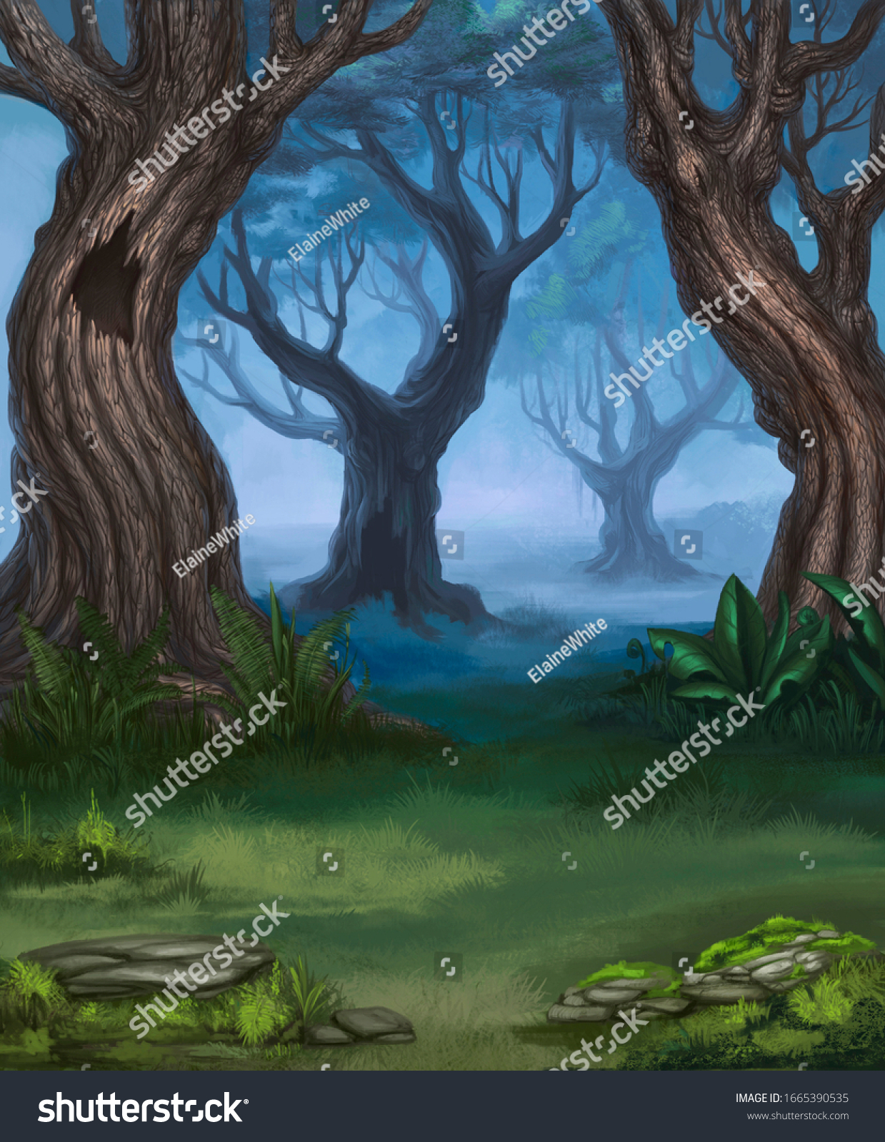 Mysterious Forest Background Digital Art Creepy Stock Illustration