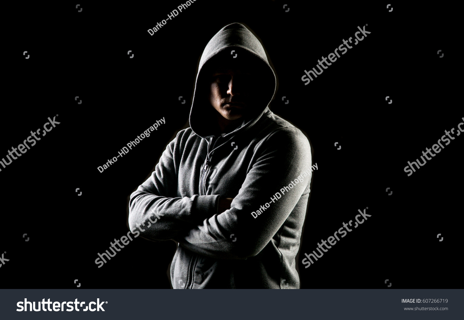 Mystery Man Posing Hoodie On Black Stock Photo (Edit Now) 607266719