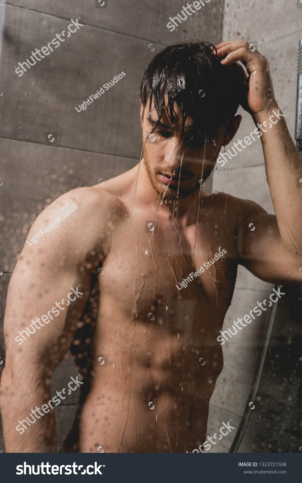 Naked Brunette Man Taking Shower Cabin Stock Photo Edit Now