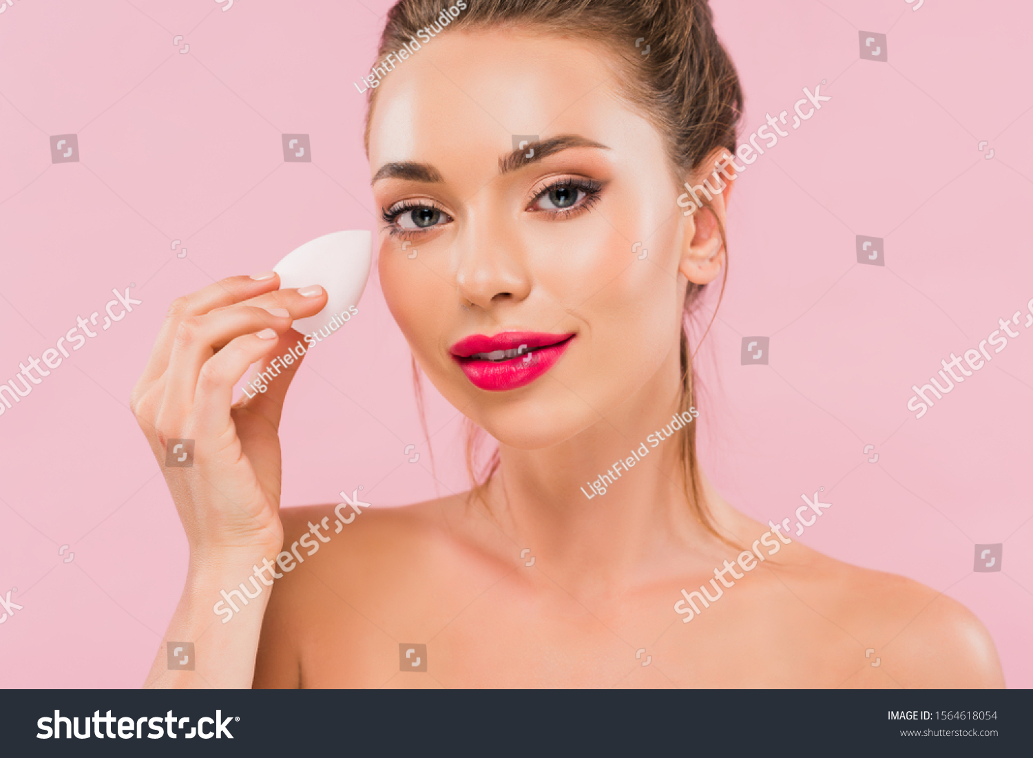 Naked Beautiful Woman Pink Lips Holding Stock Photo