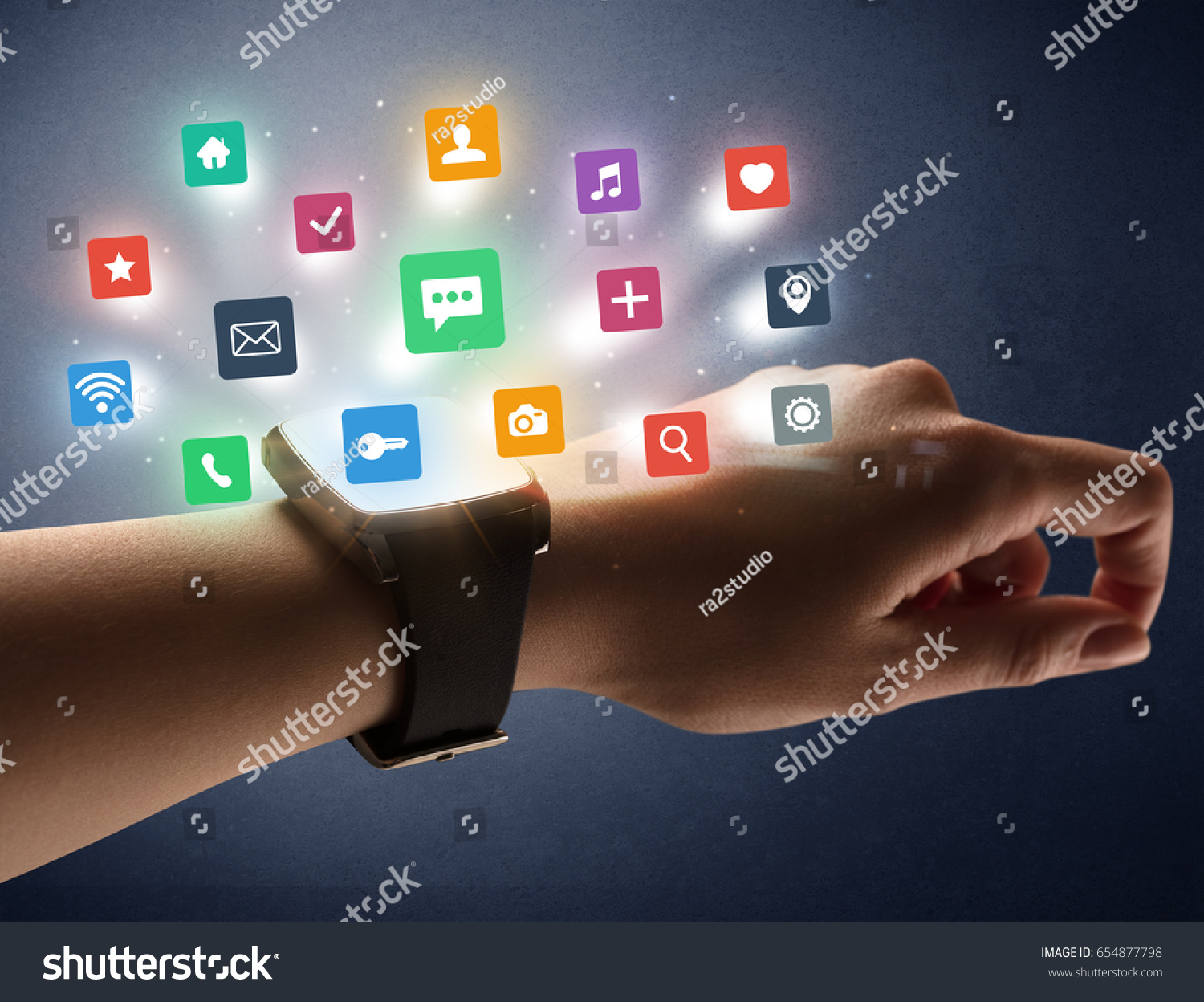 Naked Female Hand Smartwatch Application Labels Stock Photo Edit Now 654877798