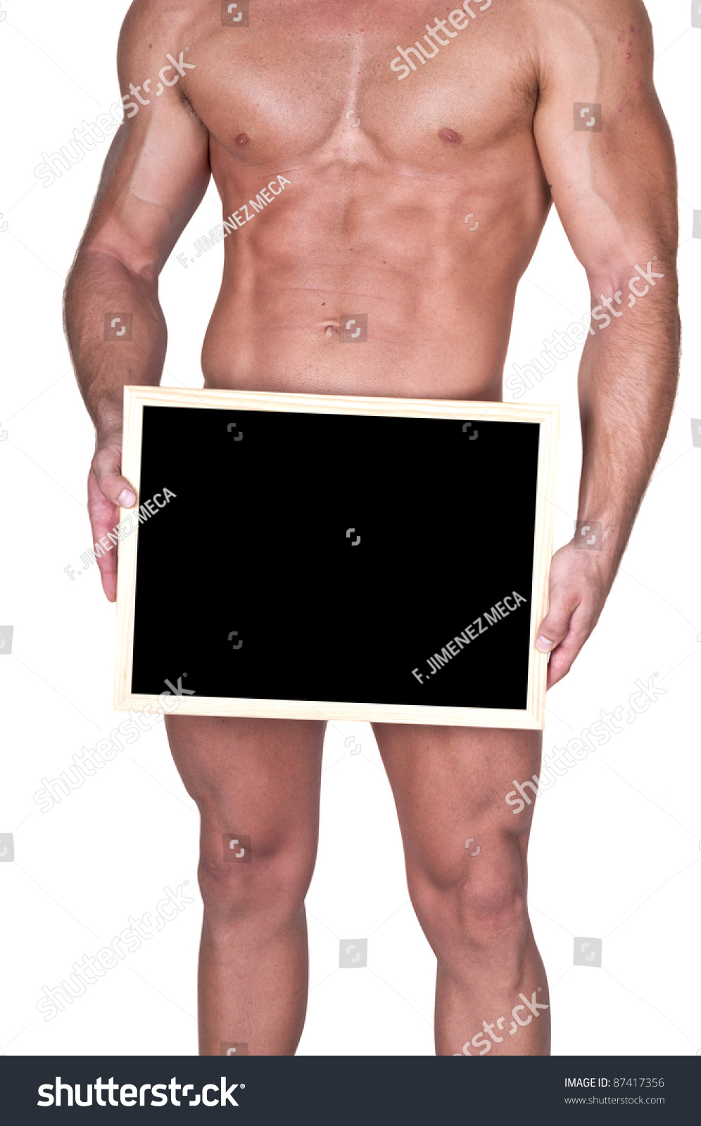 Naked Muscular Man Covering Box Copy Stockfoto Shutterstock