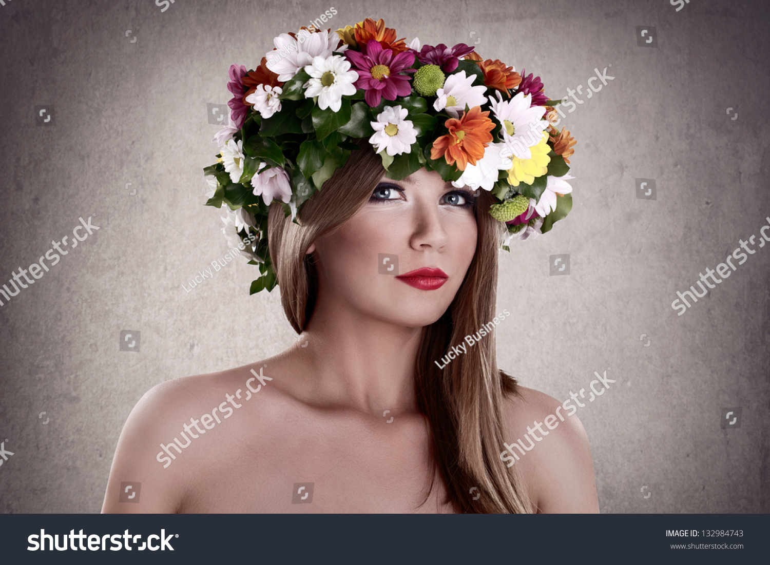 Naked Sensual Woman Flower Wreath