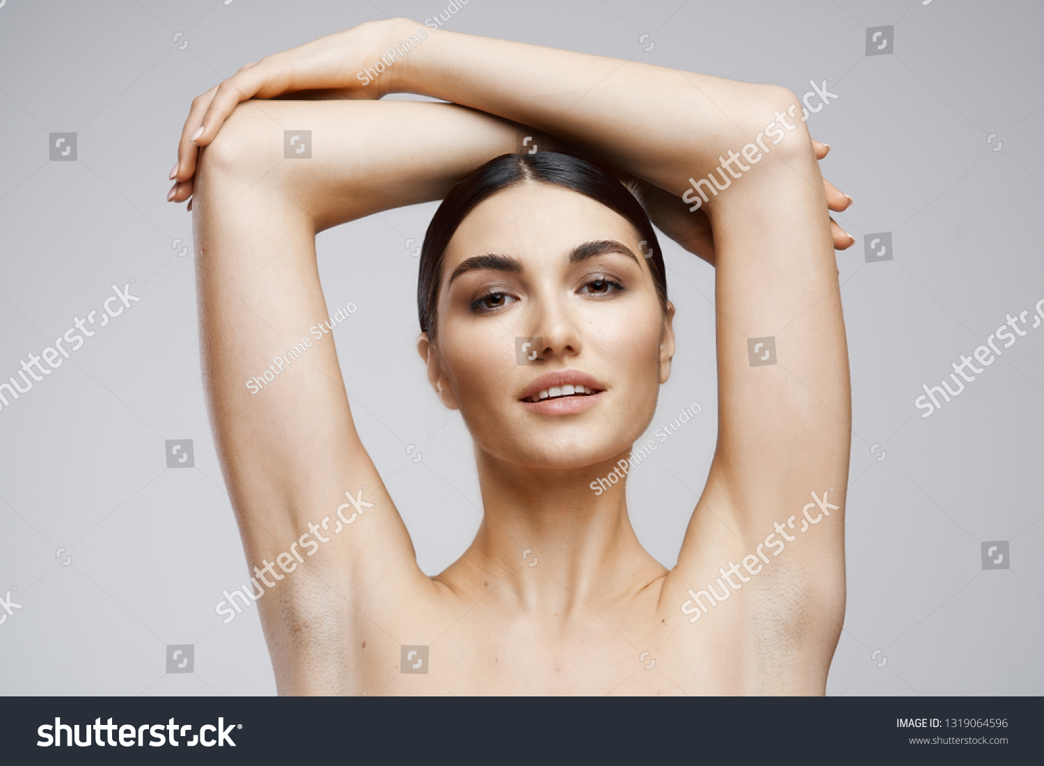 Naked Woman Clean Skin Raised Hands Shutterstock