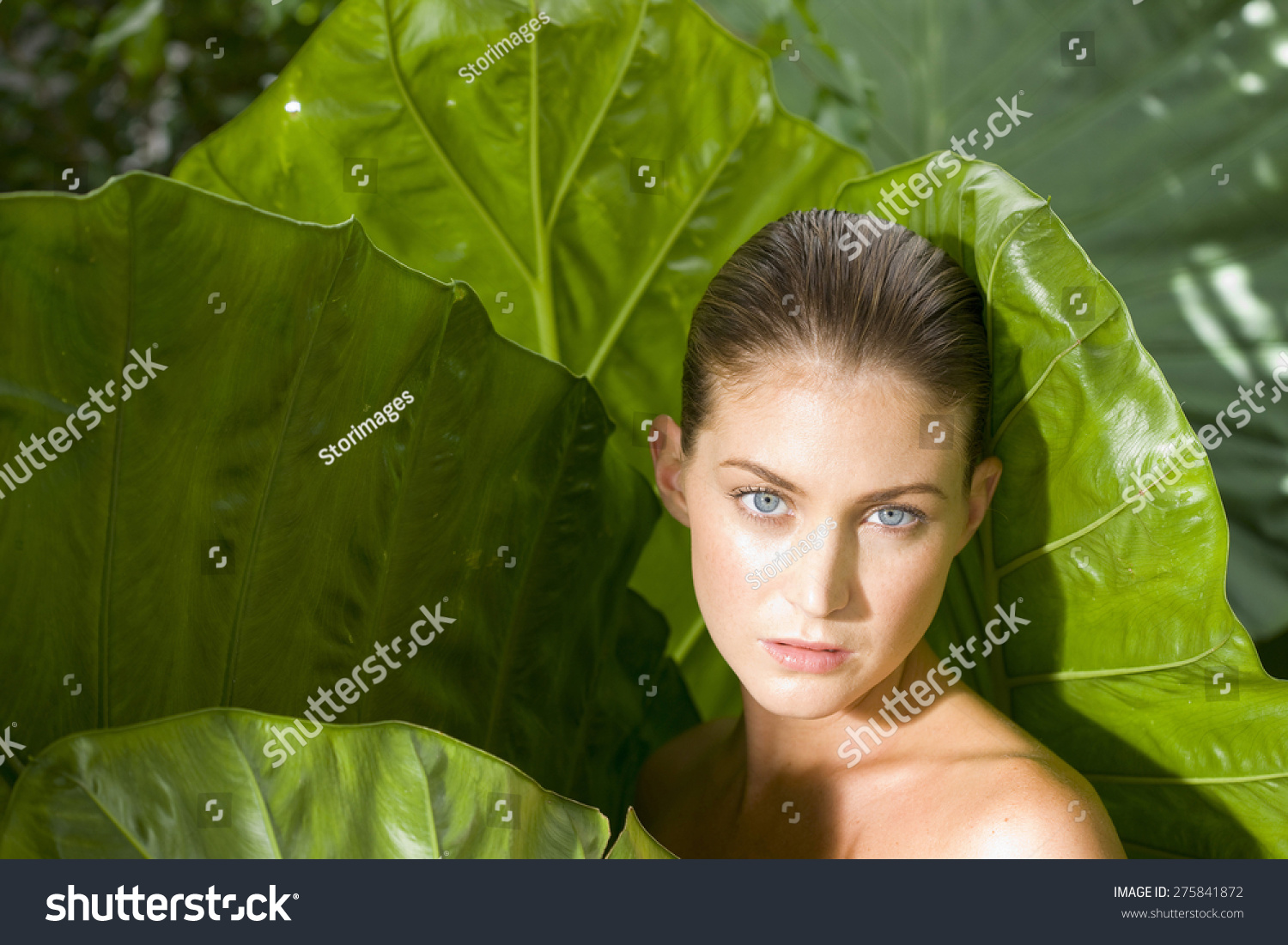 Naked Woman Emerging Giant Leaves Foto Stok Shutterstock