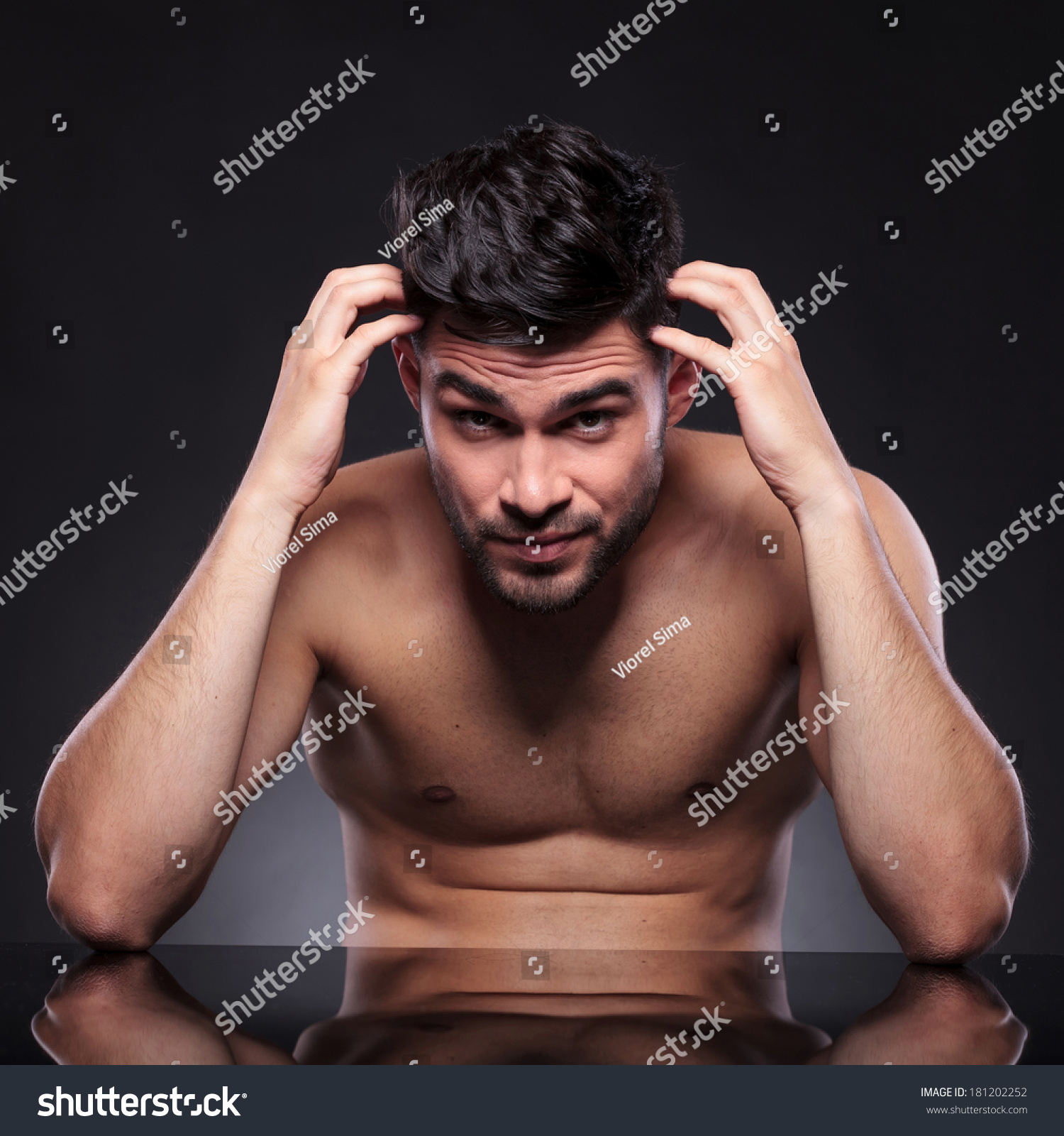 Naked babe Man Sitting Desk Scratching ภาพสตอก Shutterstock