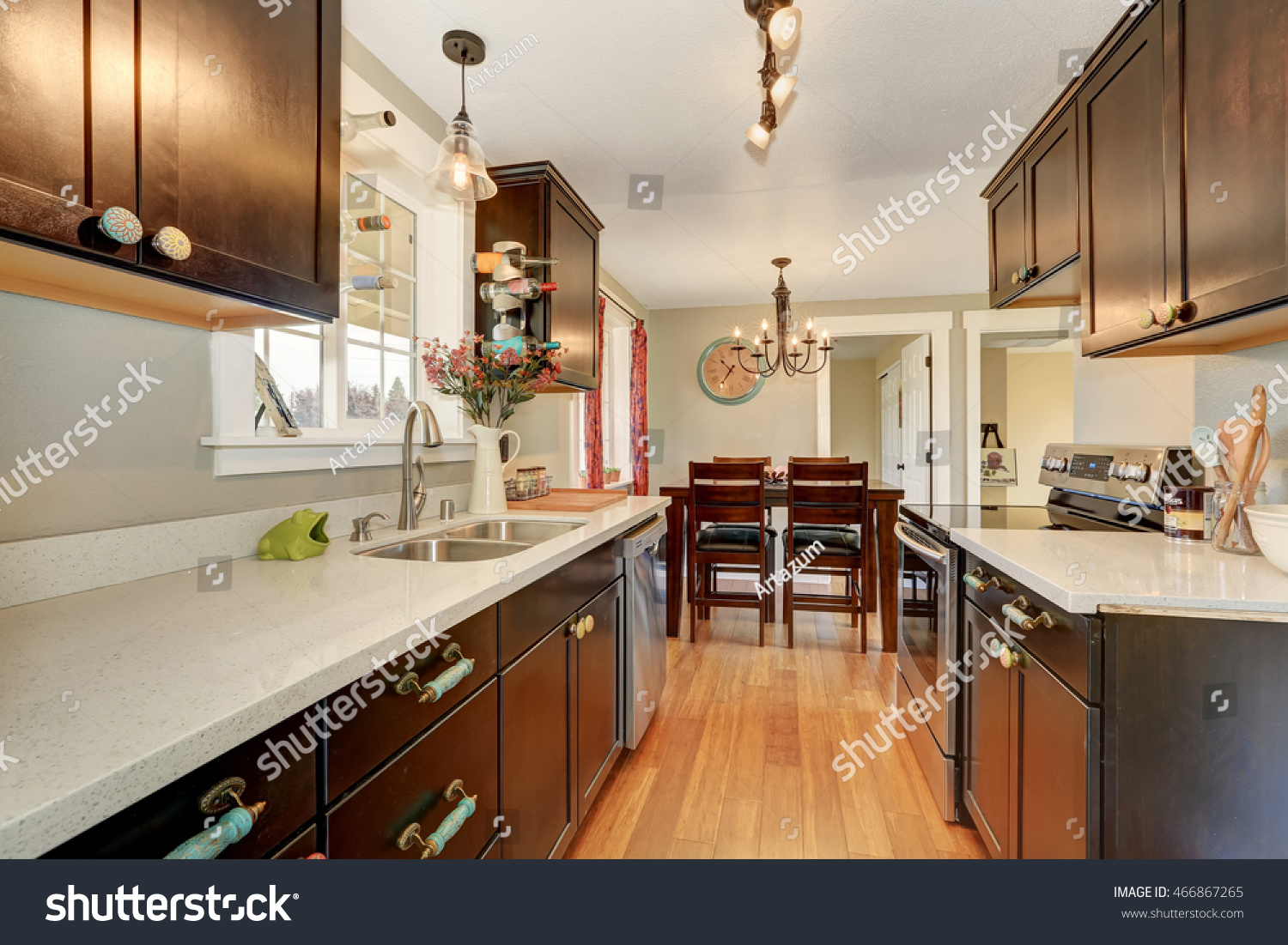 Narrow Kitchen Interior Deep Brown Cabinets Stock Photo Edit Now