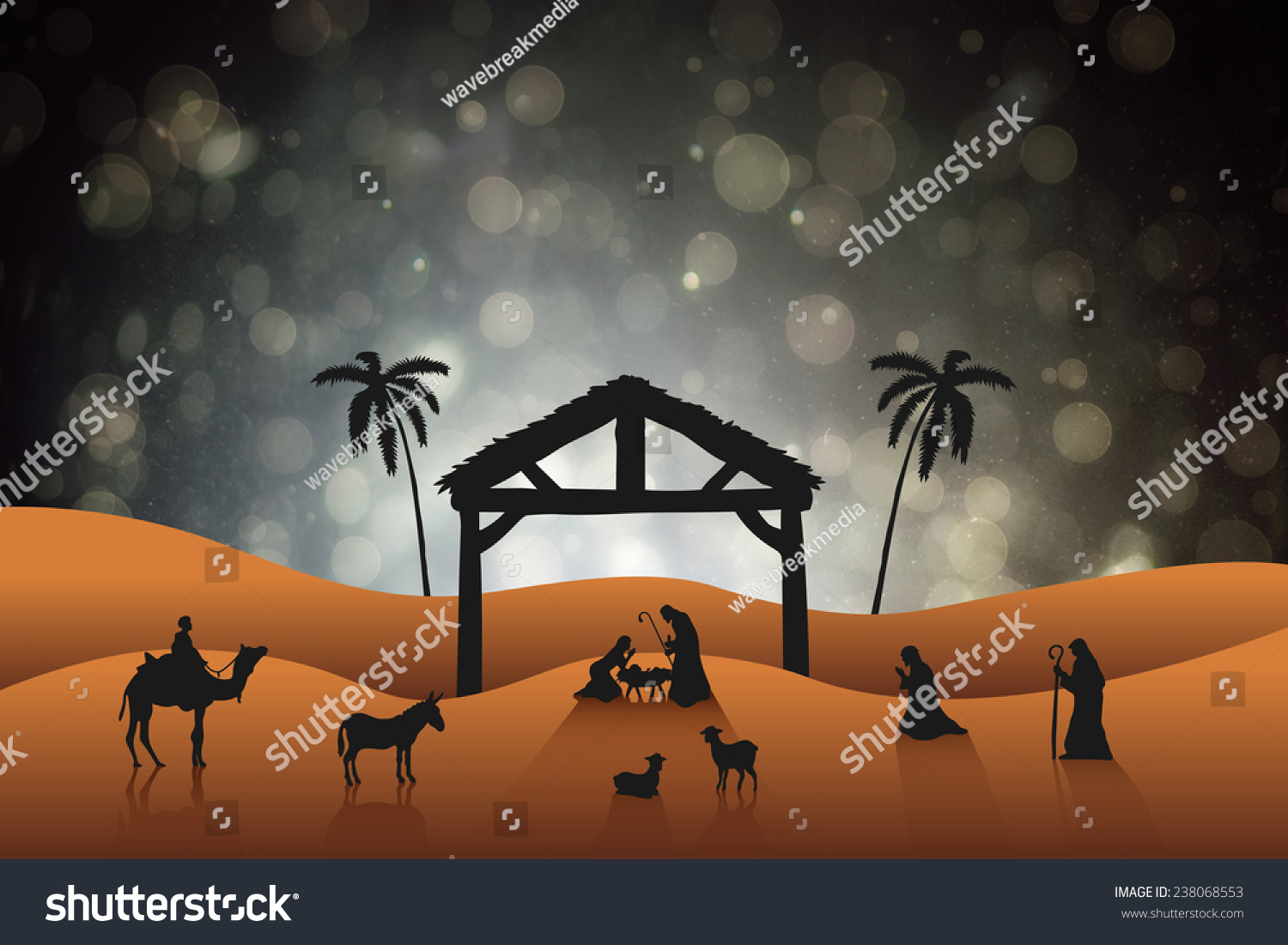 Nativity Scene Against Black Abstract Light Spot Design Stock Photo ...