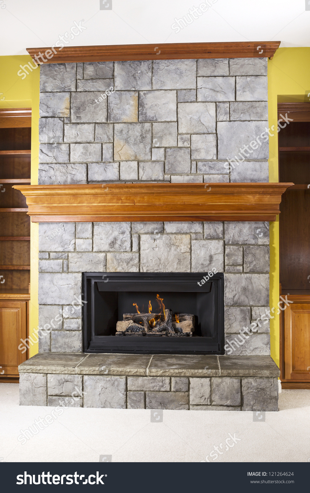 Natural Gas Fireplace Built Stone Wooden Stock Photo Edit Now