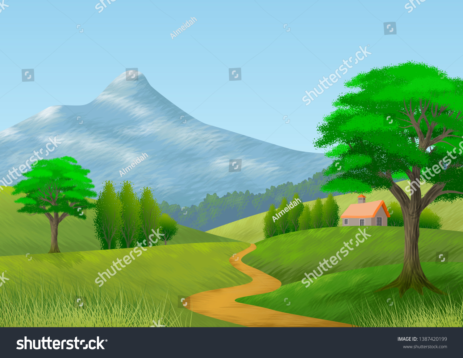 Stock Ilustrace Nature Landscape Mountain Trees Hills Path 1387420199