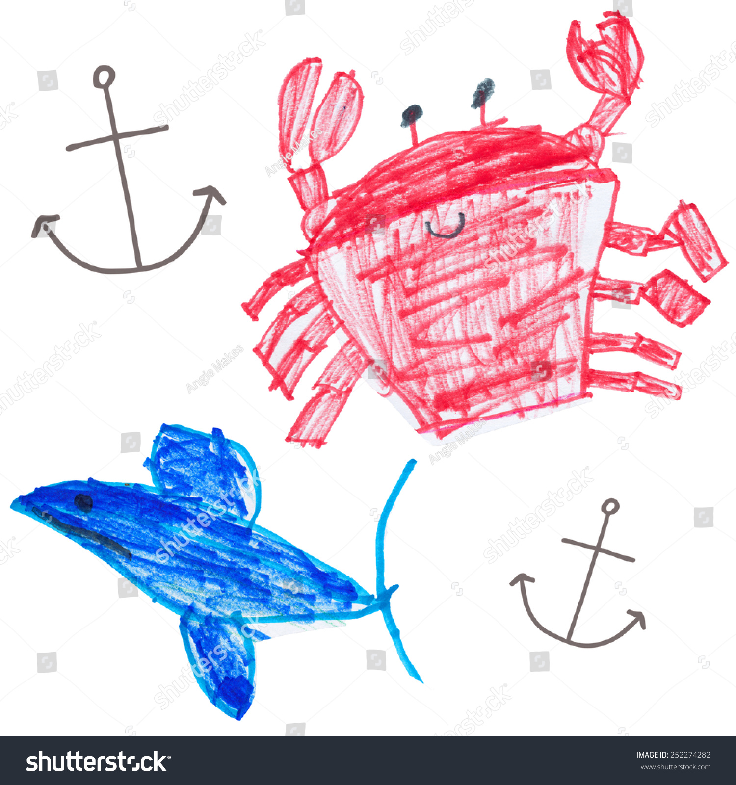 Nautical Childrens Drawing Crab Shark Crayon Stock Illustration 252274282