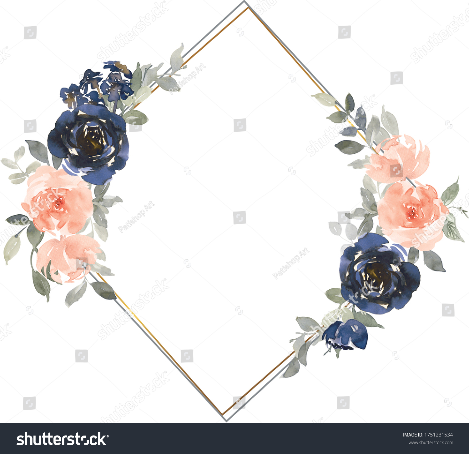 Navy Blue Peach Watercolor Floral Bouquets Stock Illustration ...