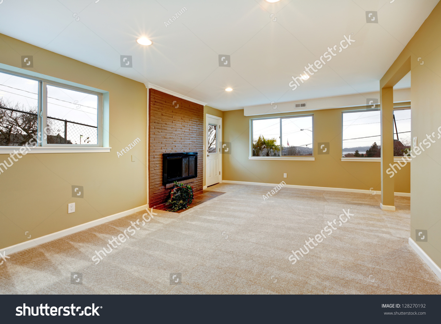 New Living Room Fireplace Beige Carpet Stock Photo 128270192