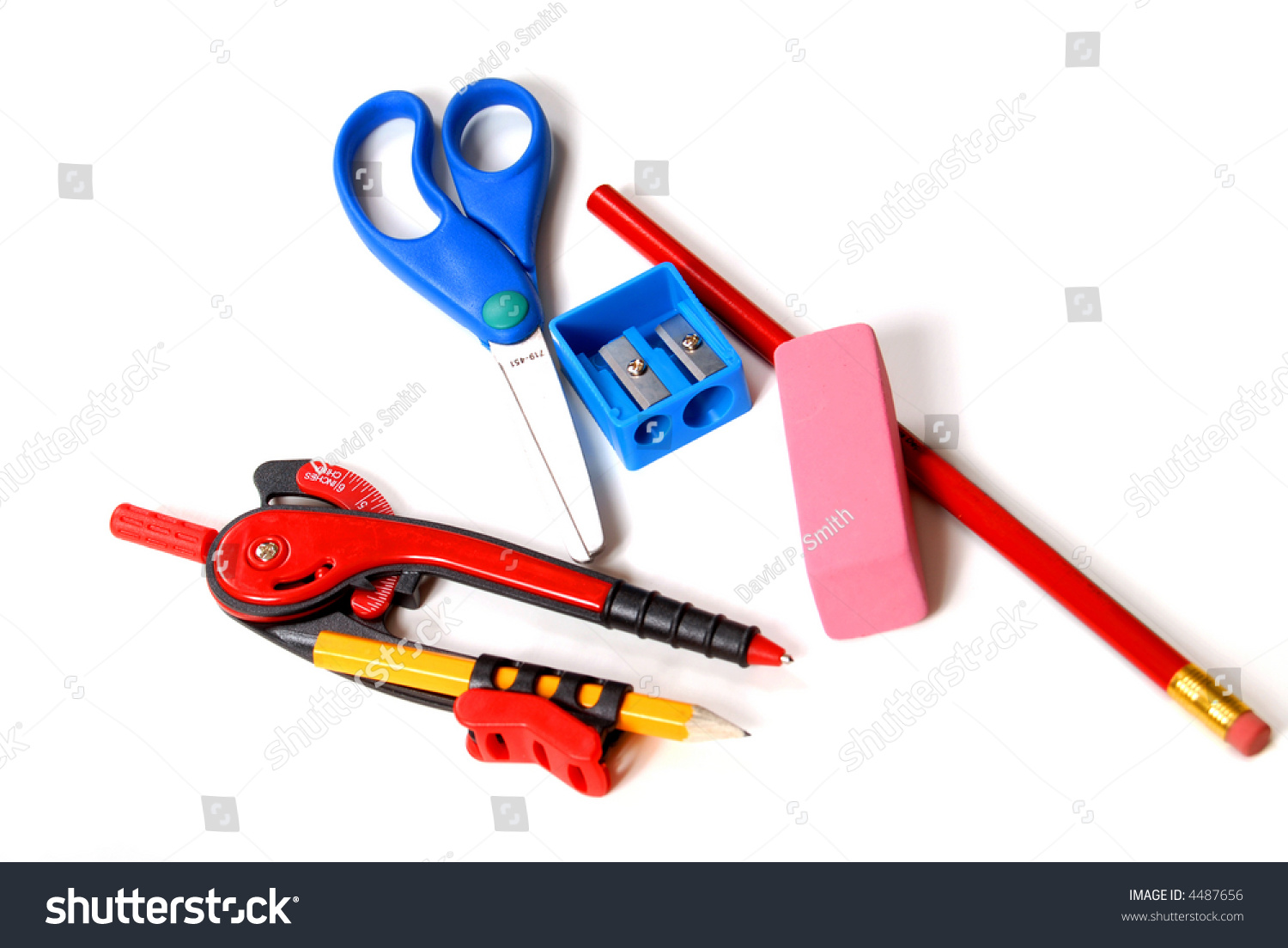 New School Supplies Including Compass, Scissors, Pencil, Sharpener And ...