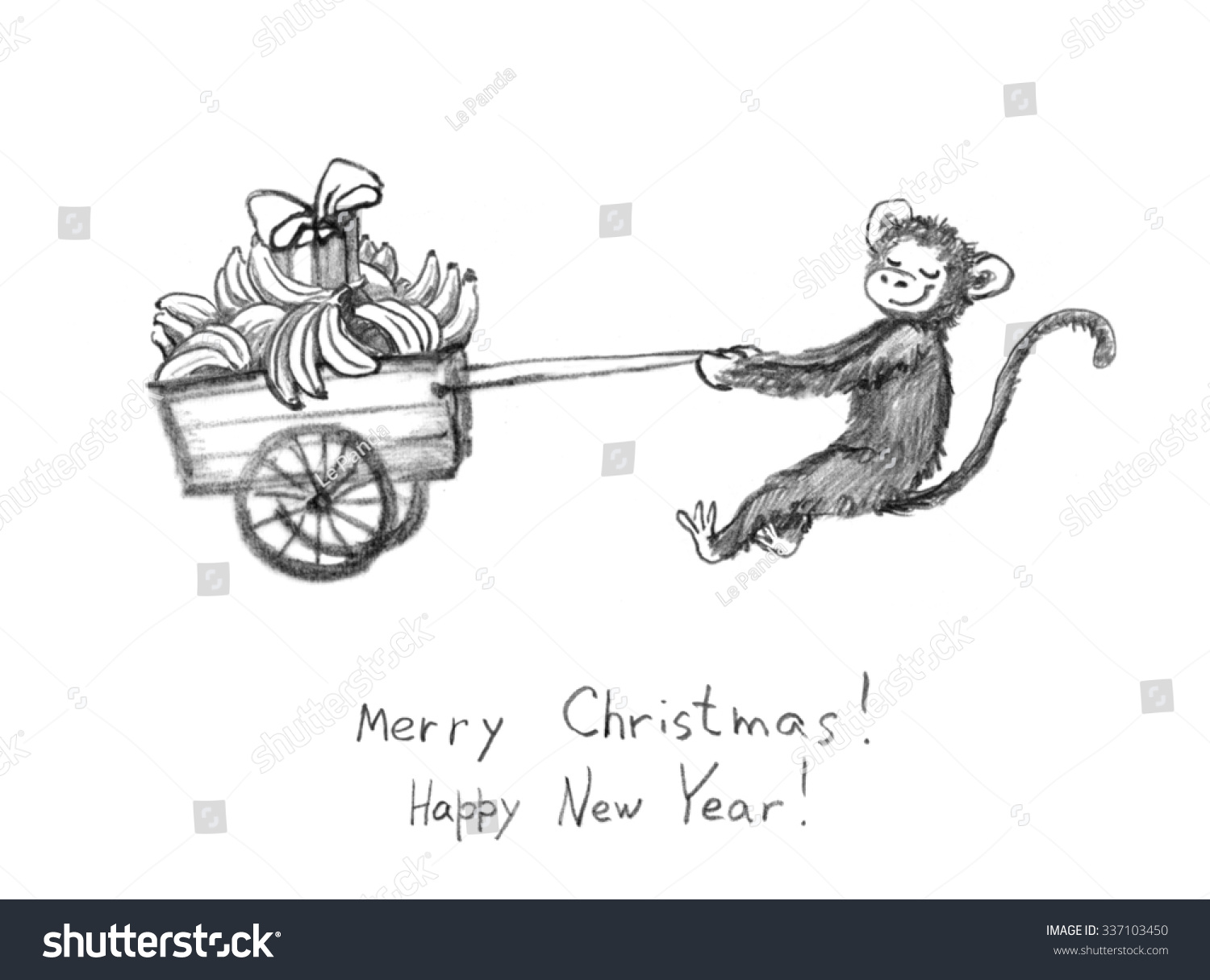 New year smiling monkey with sledge of bananas and present box pencil painted sketch