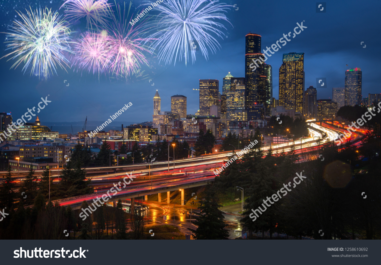 New Years Eve Fireworks Display Seattle Stock Photo 1258610692