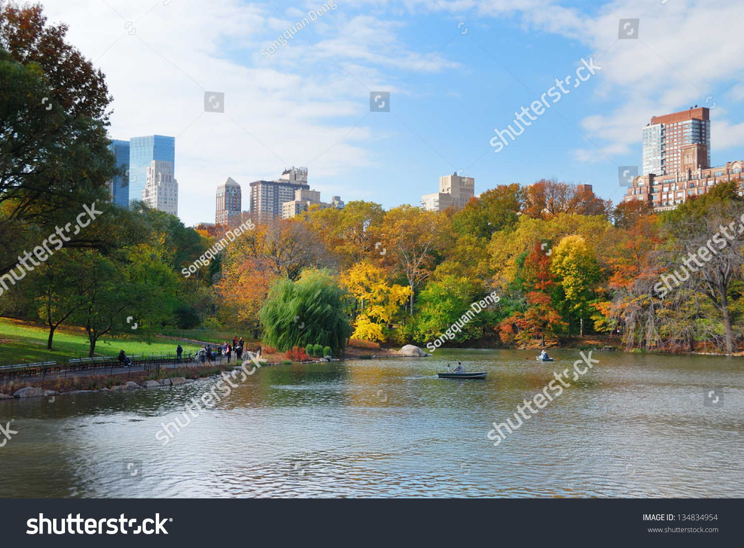 New York City Manhattan Central Park Panorama In Autumn Lake With ...