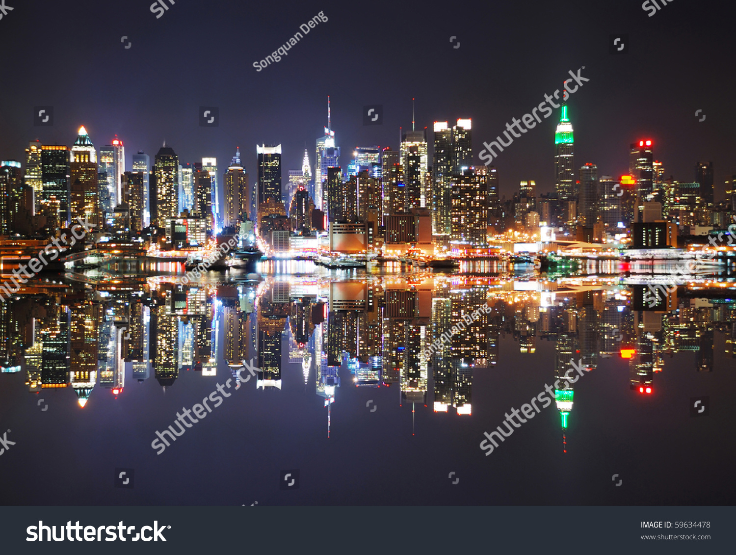 New York City Skyline At Night With Reflection Stock Photo 59634478 ...