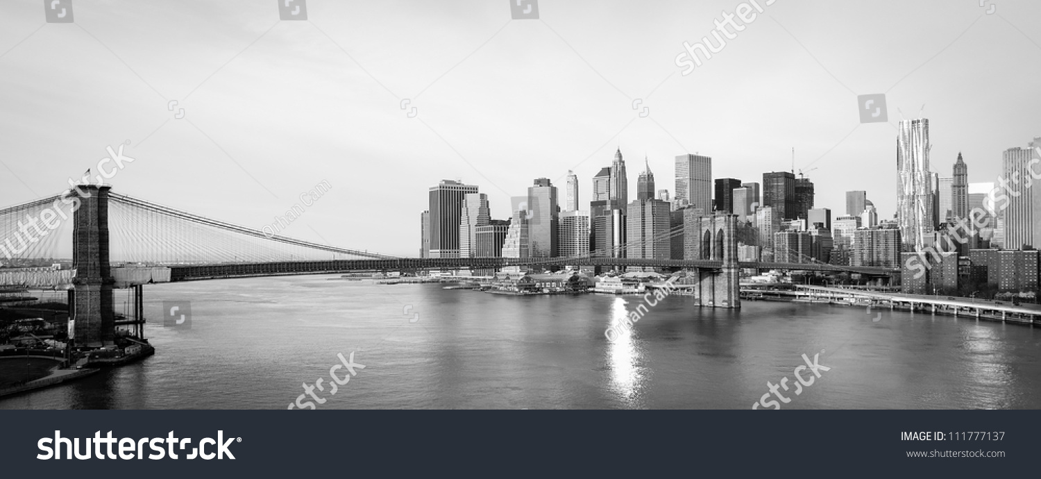 New York City skyline with Brooklyn Bridge and Lower Manhattan Black and White Wallpaper Mural