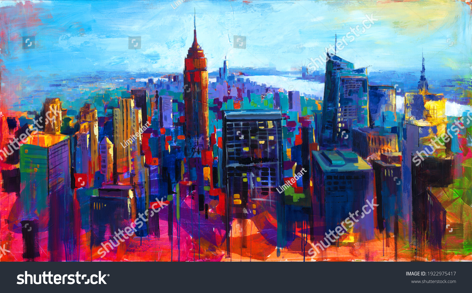 6 736 New York Painting Images Stock Photos Vectors Shutterstock   Stock Photo New York Colorful Painting Panorama View Over Manhattan Skyscraper Modern Abstract 1922975417 