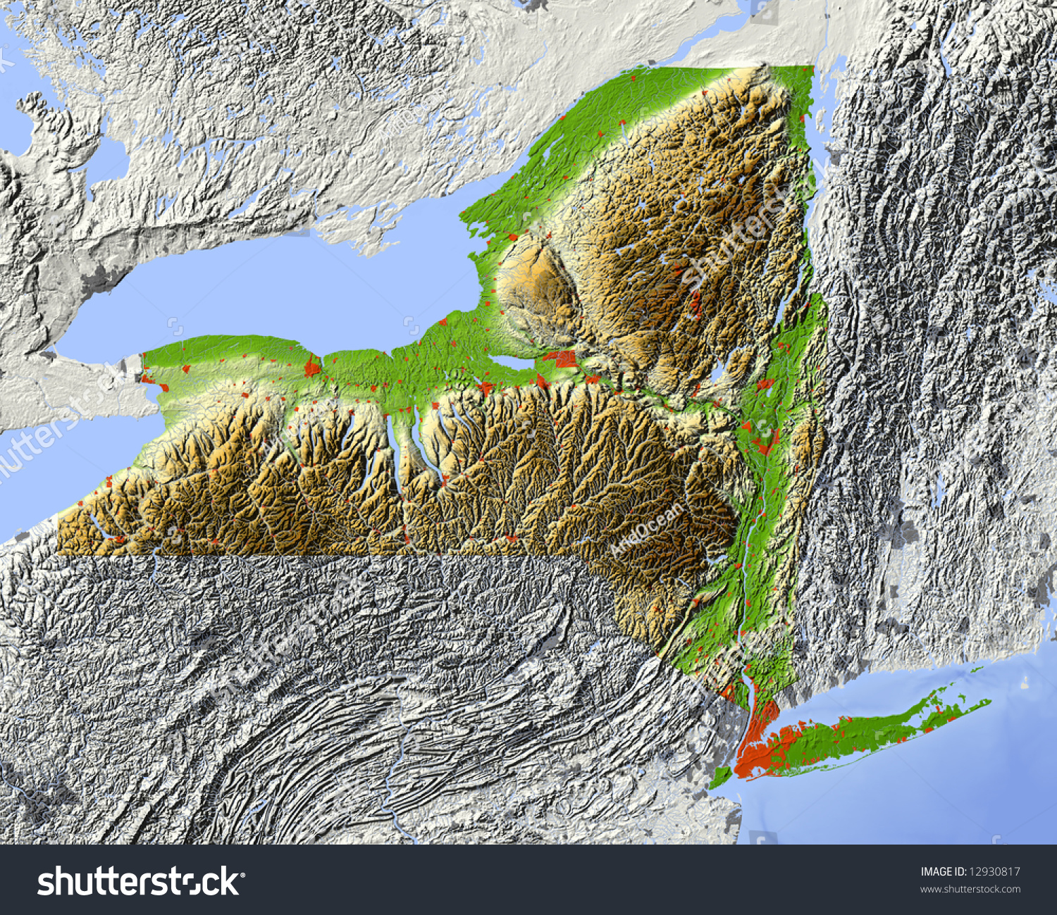 New York. Shaded Relief Map. Shows Major Urban Areas And Rivers ...