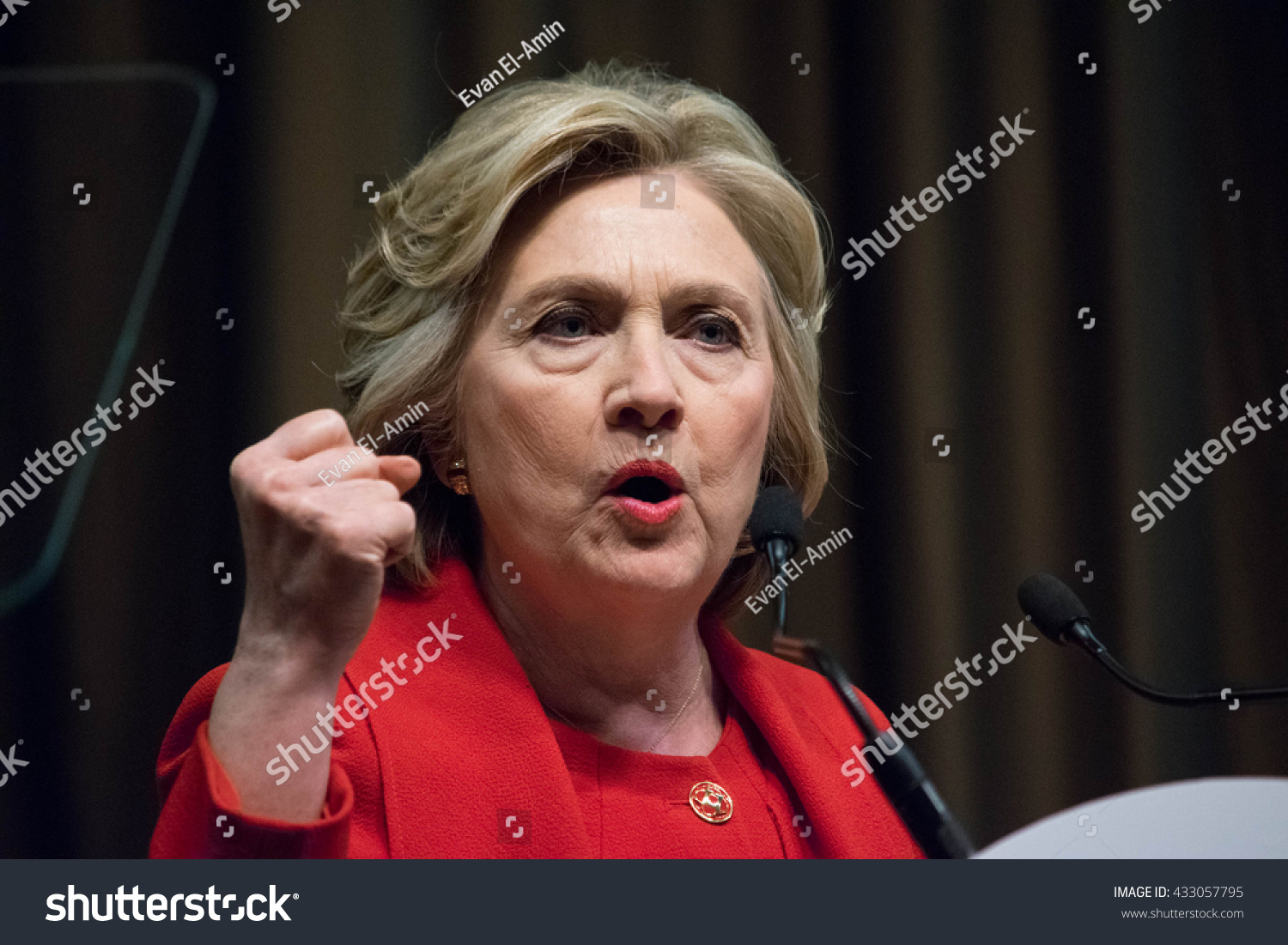 NEW YORK, USA - APRIL 13, 2016: Hillary Clinton makes an impactful gesture during a speech to the National Action Network 25th annual convention.