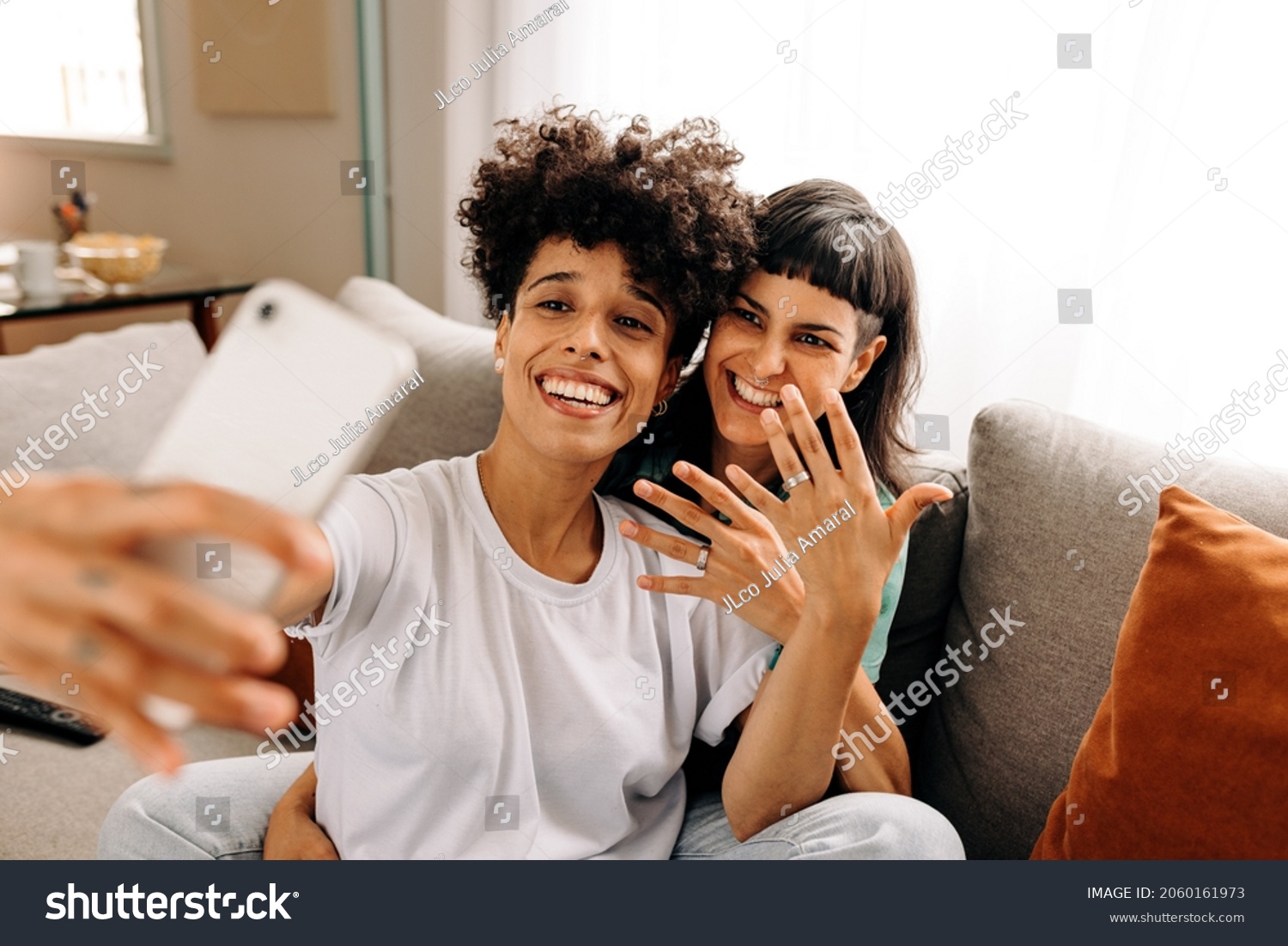 Newly Married Lesbian Couple Video Calling Foto Stock 2060161973 Shutterstock