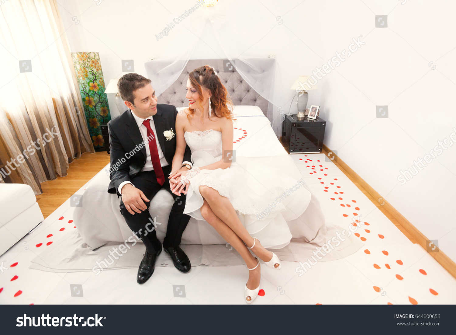 Newlyweds Bedroom Loving Love Tenderness Just Stock Photo