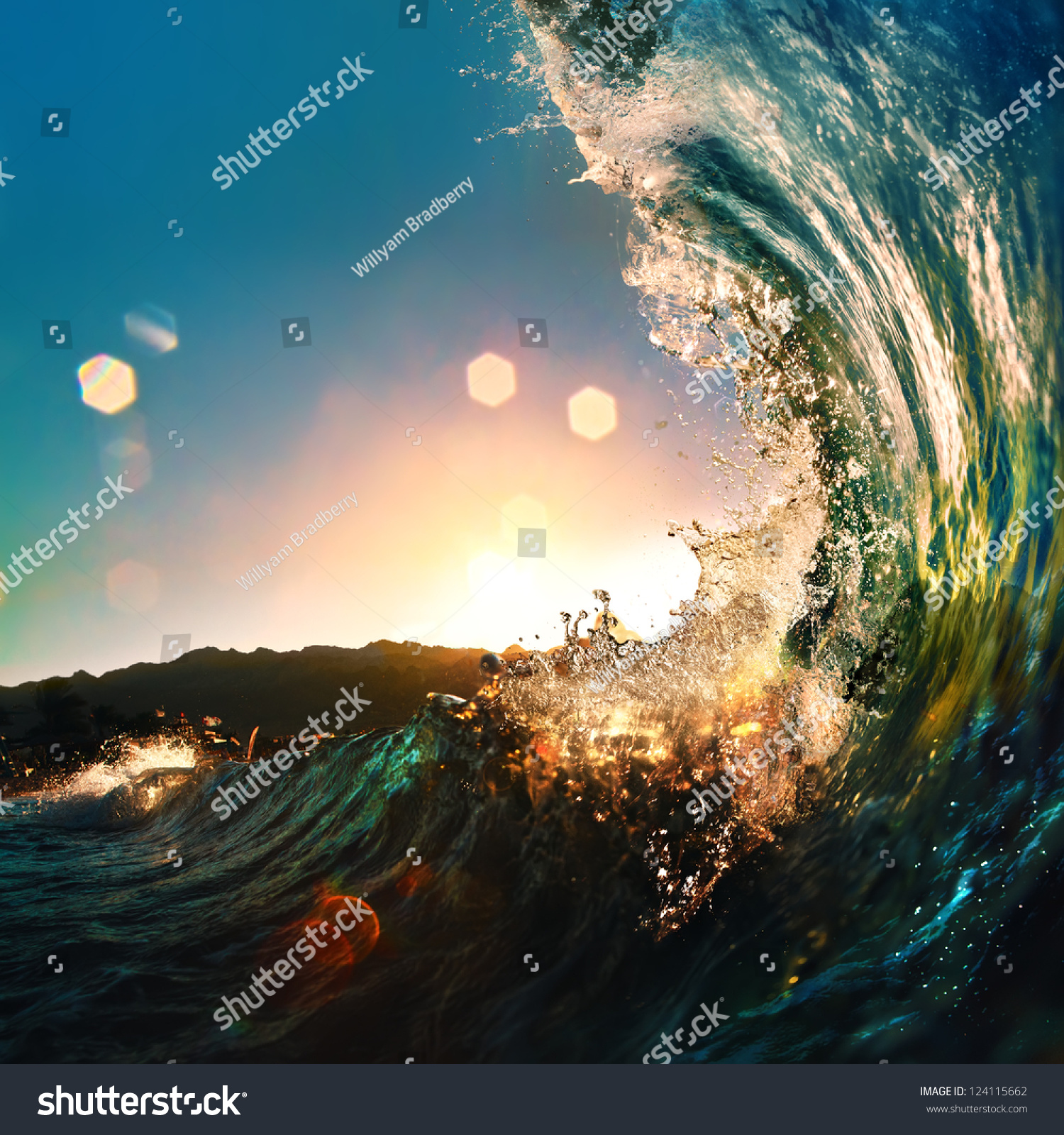 Nice Colored Ocean Wave Falling Down At Sunset Time Stock Photo ...