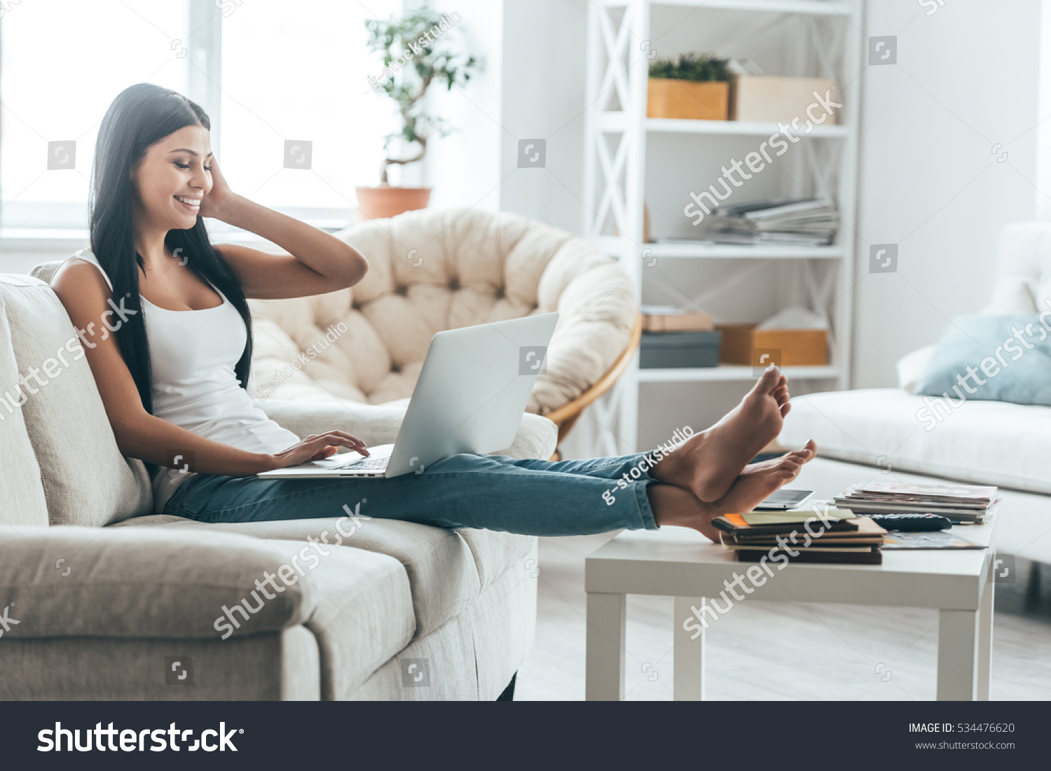 4,593 Barefoot Woman Laptop Images, Stock Photos & Vectors 