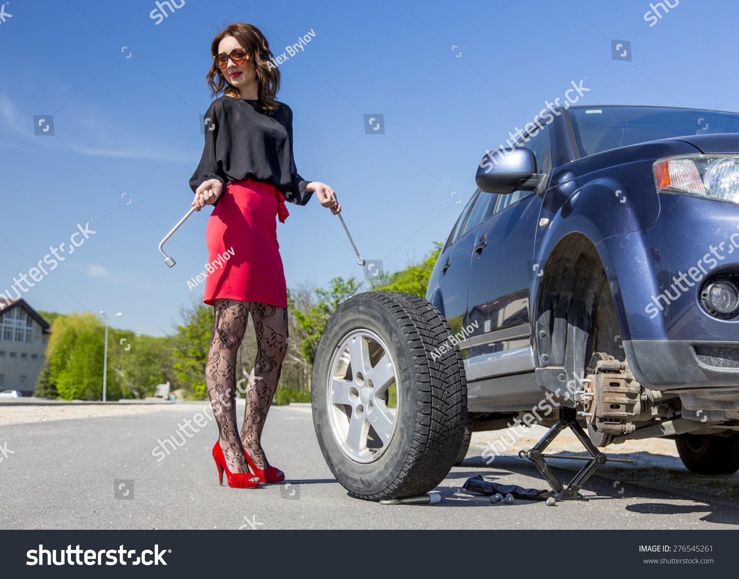 Nightlife Dressed Woman Repairs Car Leggy Stock Photo 276545261 ...