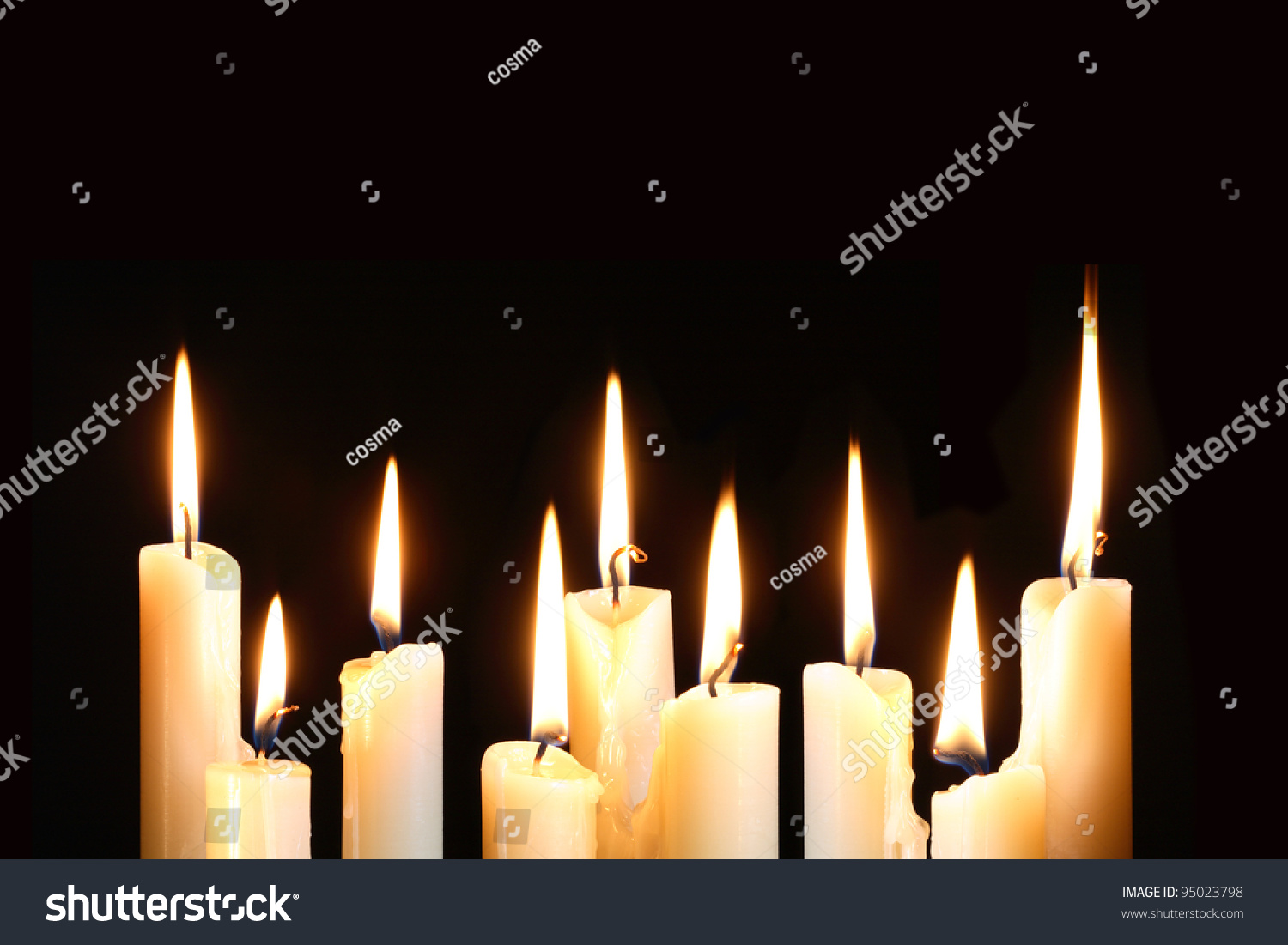 Nine Ordinary Lighting Candles In A Row On Black Background Stock Photo ...