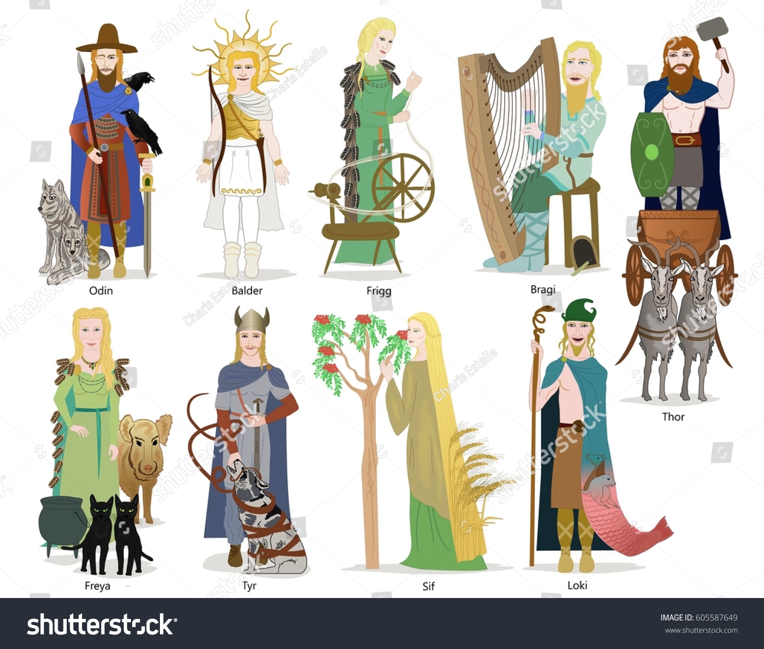 Norse God Goddesses Stock Illustration 605587649