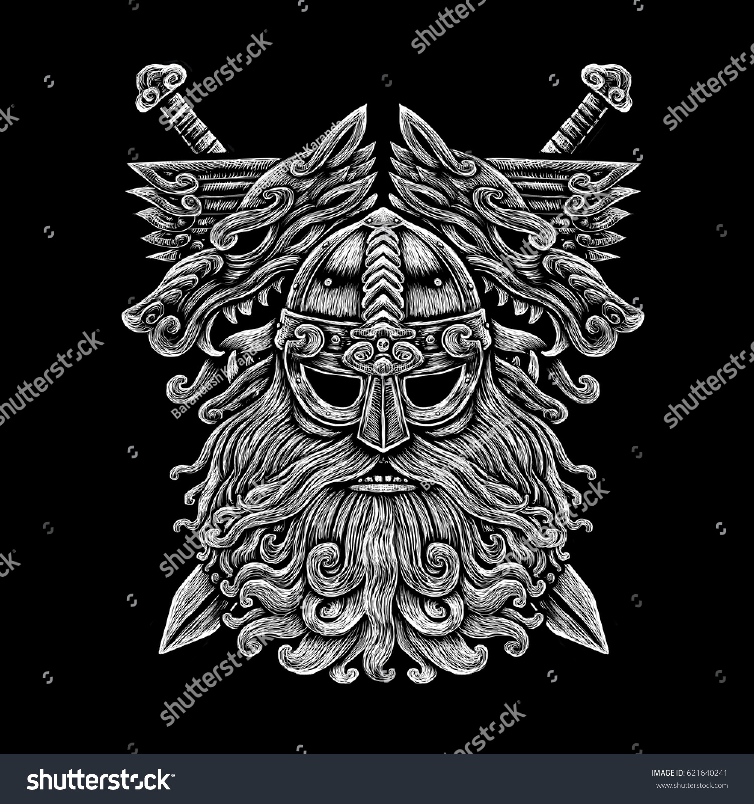 Norse God Odin Wolfs Swords Viking Stock Illustration 