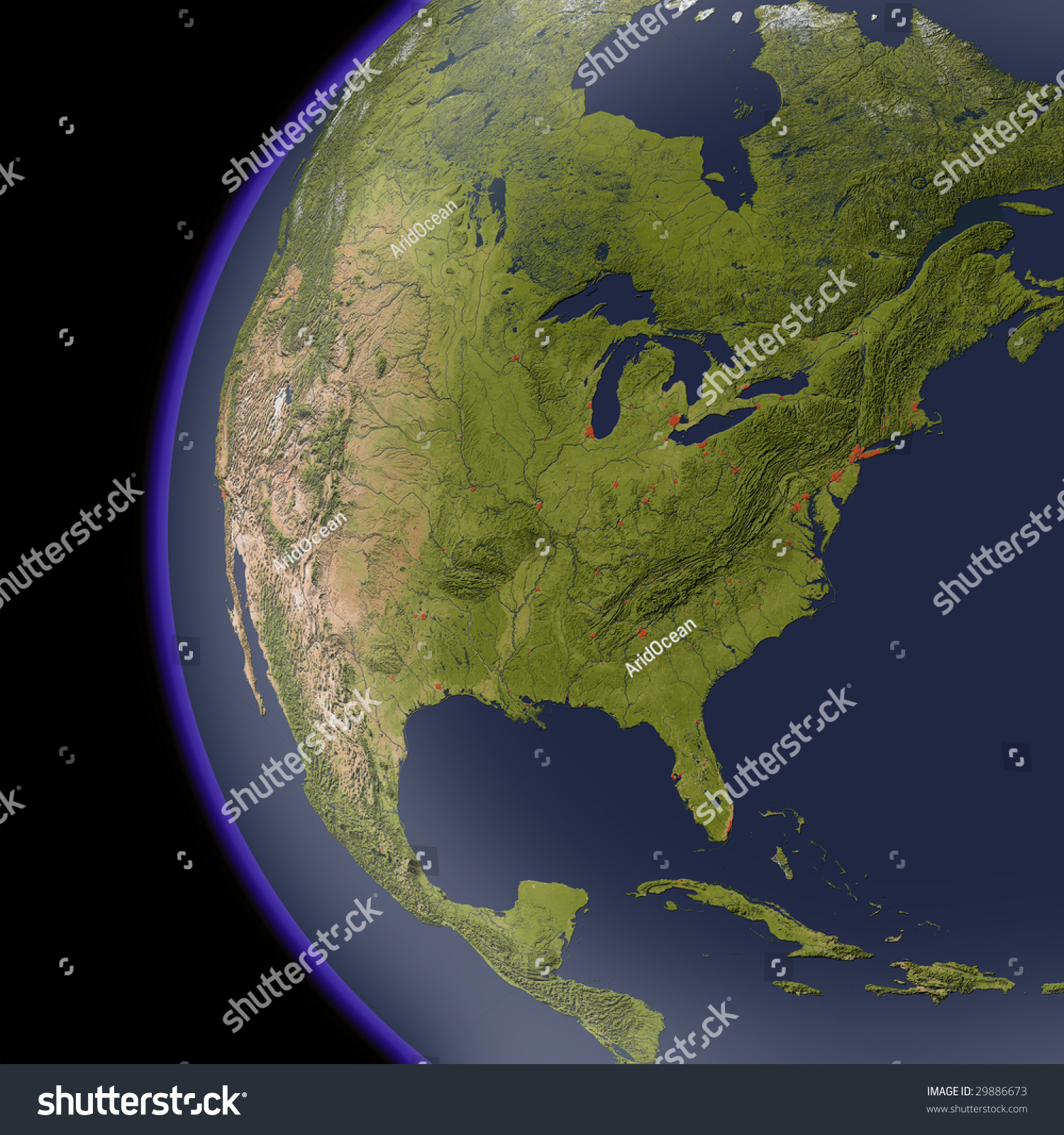 North America From Space, Shaded Relief Map. Colored According To ...