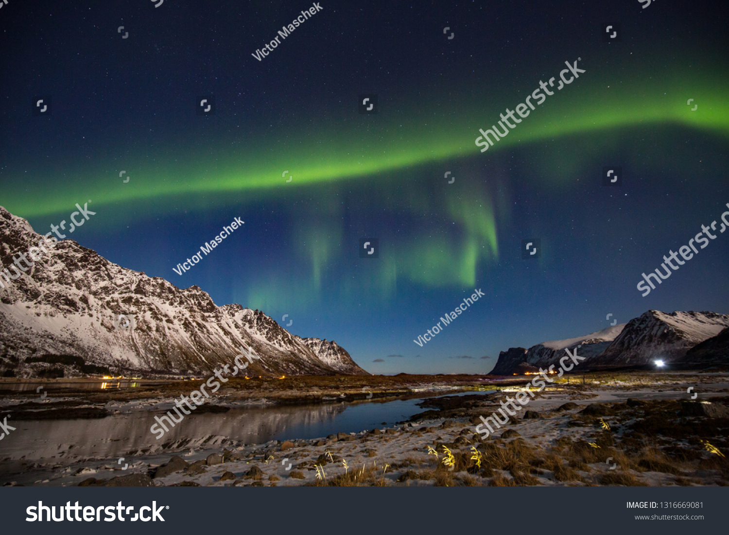 Northern Lights Aurora Borealis Over Lofoten Stock Photo 1316669081 ...