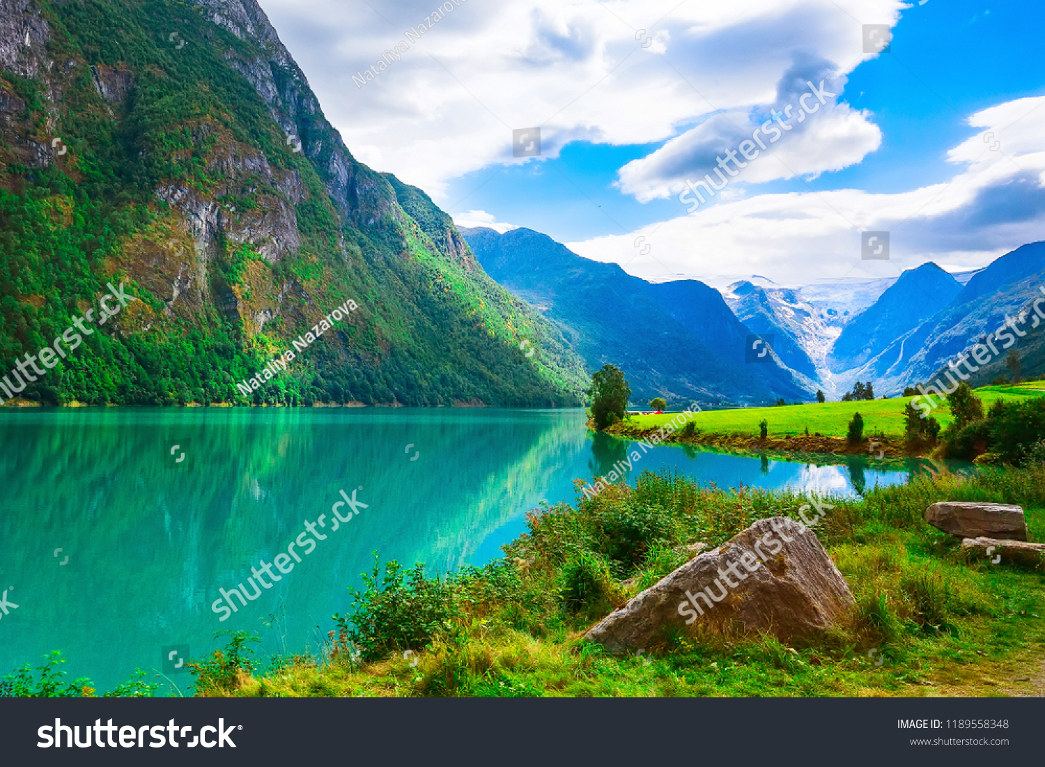 ノルウェーの風景とノルデフィヨルド湾 山 花 氷河がノルウェーのオルデンにある の写真素材 今すぐ編集