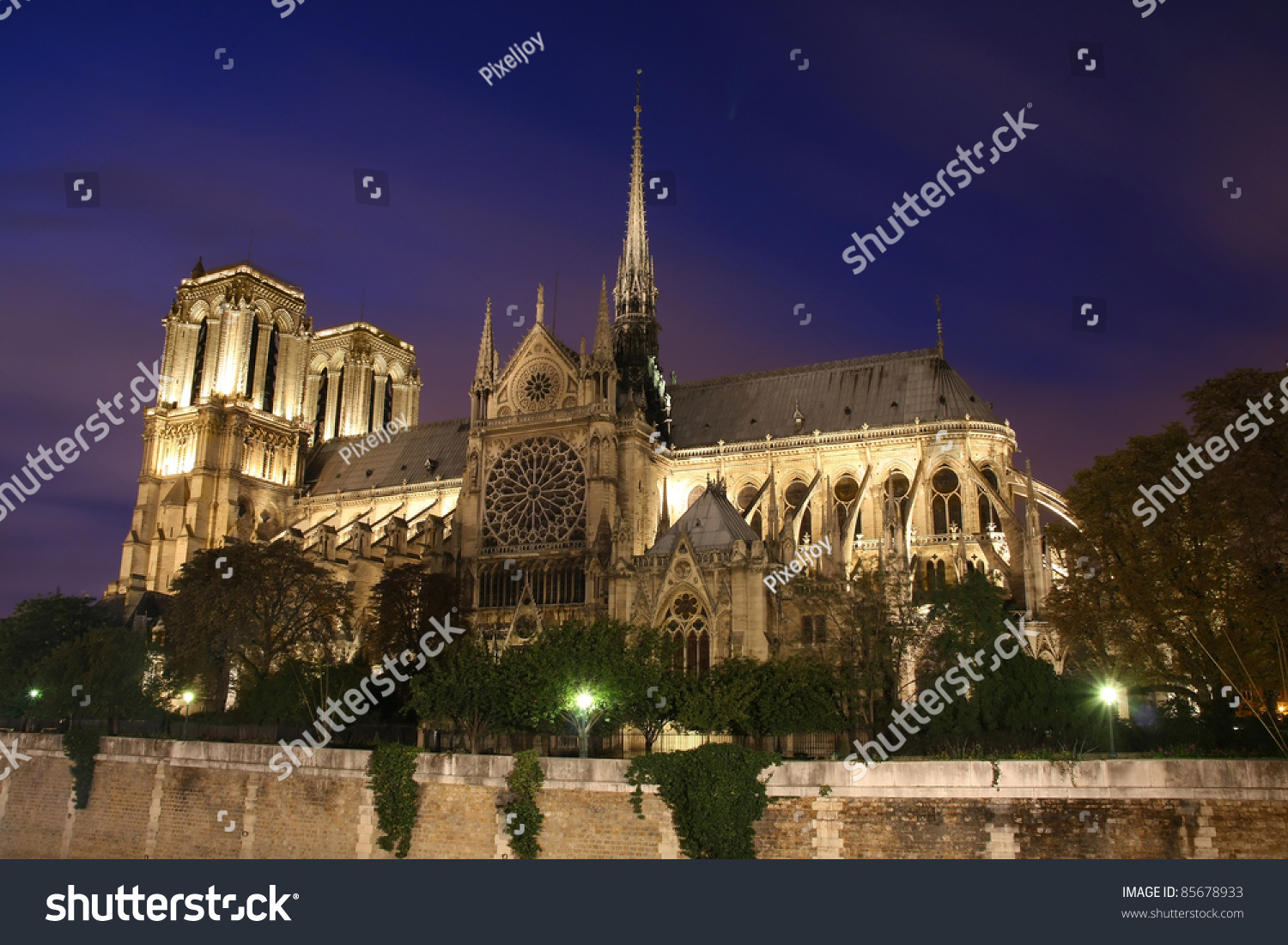 Notre Dame Cathedral At Night, Paris, France Stock Photo 85678933 ...