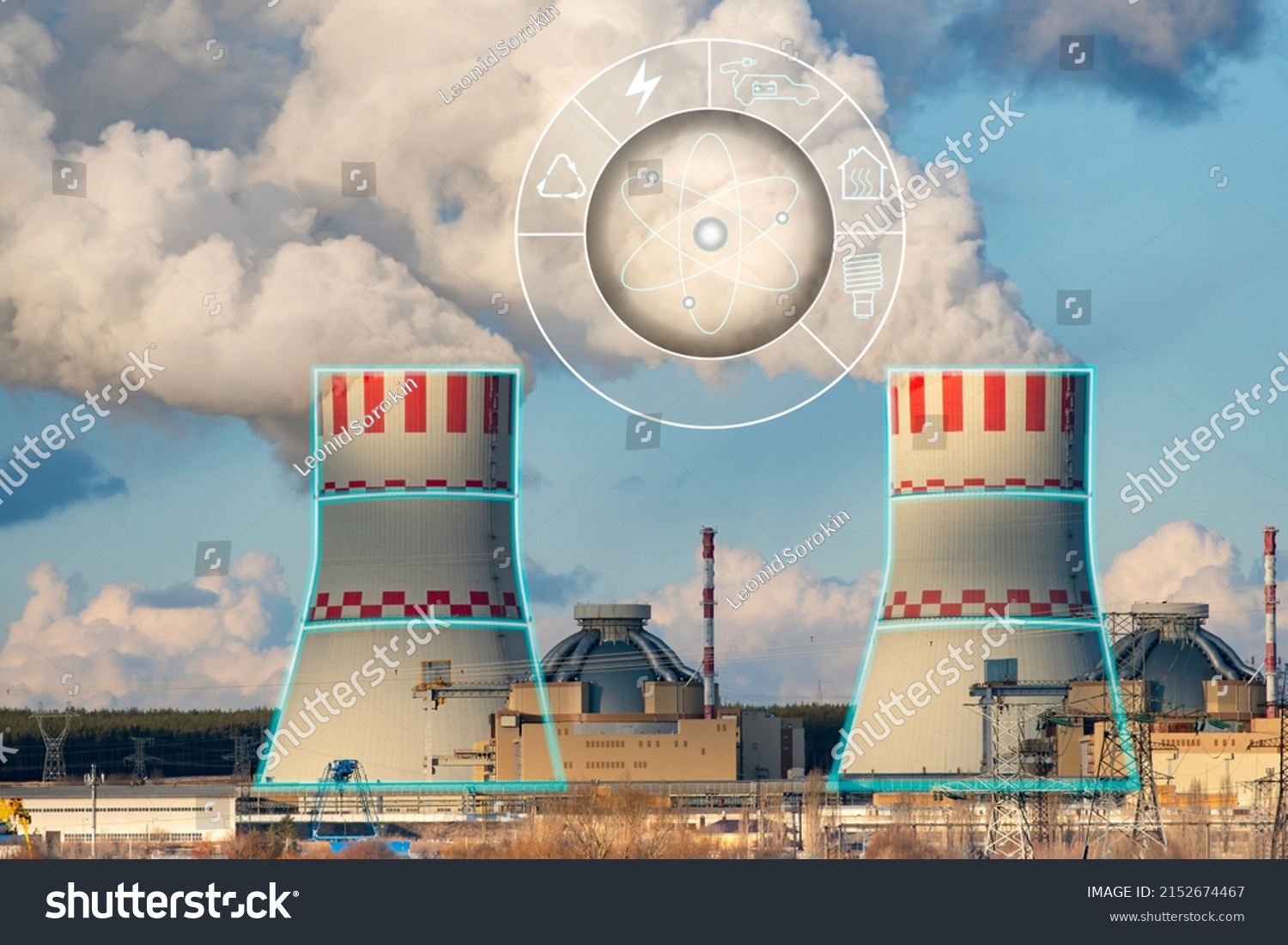 Nuclear Power Plant Cooling Tower Digital Stock Photo 2152674467   Stock Photo Nuclear Power Plant Cooling Tower With Digital Icons Of Profit Use Nuclear Energy European Energy 2152674467 