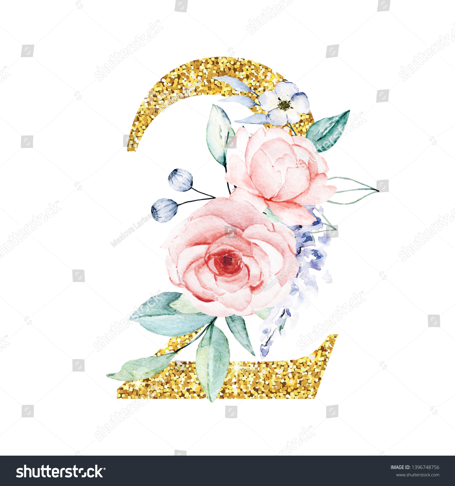 Number Two Watercolor Flowers Leaf Gold Stock Illustration 1396748756