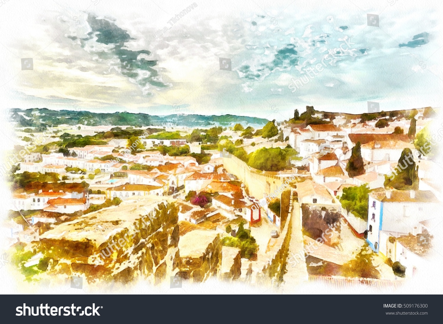 Obidos Medieval Town Portugal Best Destination Stock Illustration