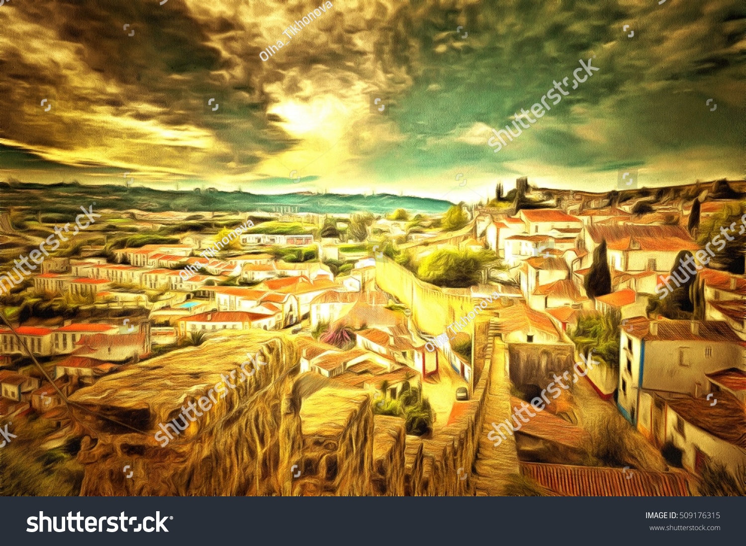 Obidos Medieval Town In Portugal The Best Destination For Christmas And Any Family Holidays Illustration In