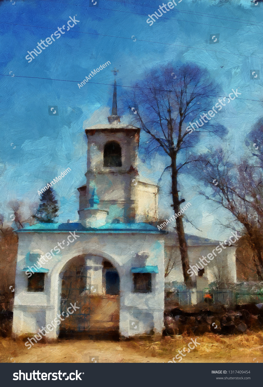 Oil Painting Ancient Christian Beautiful Church Stock Illustration