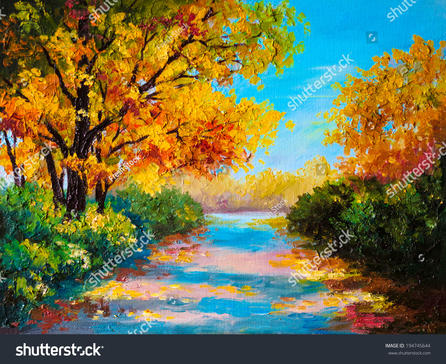 Oil Painting - Autumn Forest With A Road, Bright Leaves Stock Photo ...