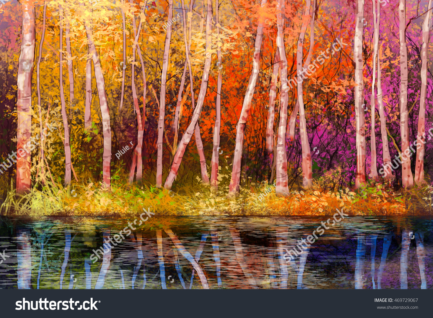 Oil Painting Landscape Colorful Autumn Trees Stock Illustration