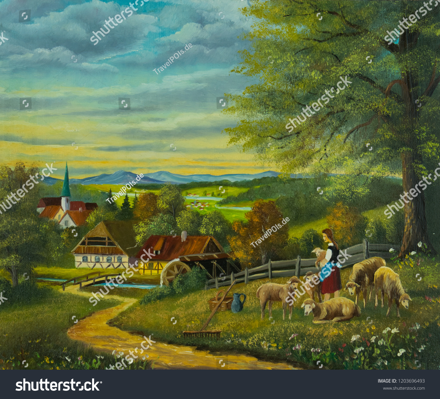 Landscape with sheep in a meadowCountryside With Sheep Acrilyc Art3D Purple Country Landscape PaintingSheep Painting Farmhouse Wall Decor