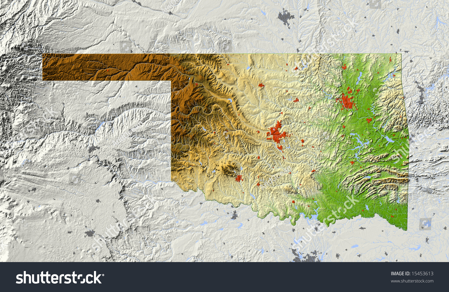 Oklahoma. Shaded Relief Map, With Major Urban Areas And Rivers ...