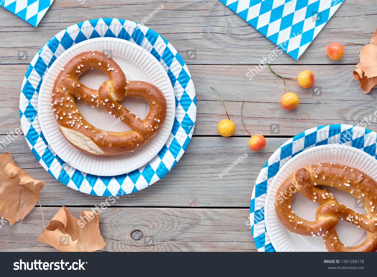 Oktoberfest Rustic Background Two Prezels Blue Stock Photo Edit